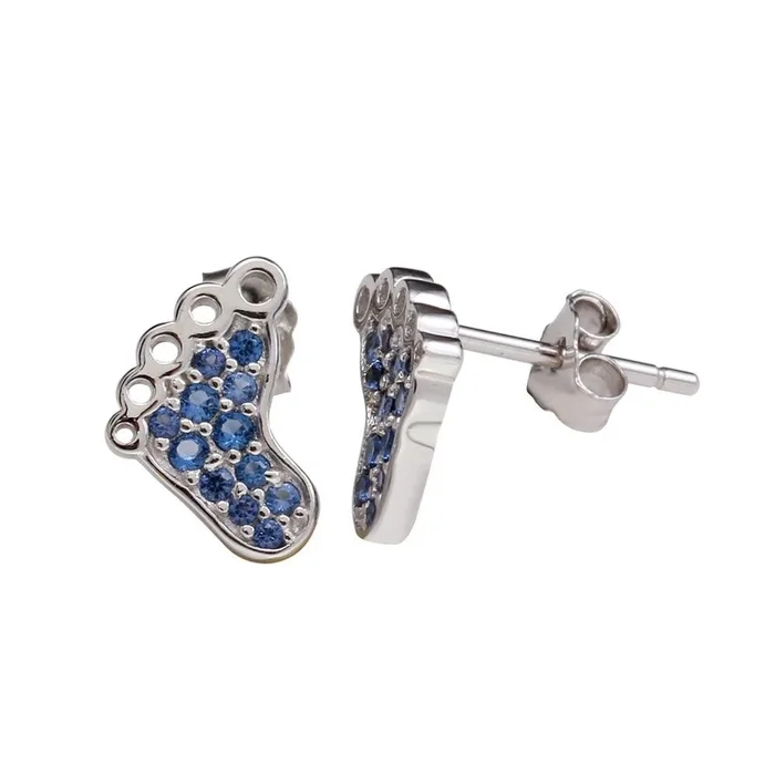 Rhodium Plated 925 Sterling Silver Foot Earrings with Blue CZ – STE01157BLUE