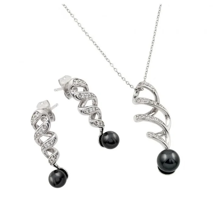 Rhodium Plated 925 Sterling Silver Gray Pearl Drop Clear Inlay Twist CZ Hanging Set – BGS00431GRY