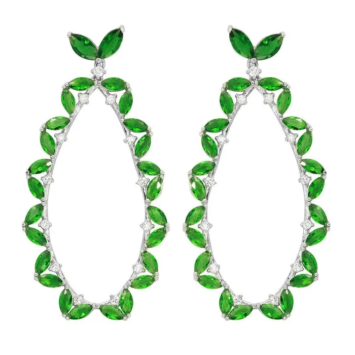 Rhodium Plated 925 Sterling Silver Green CZ Hanging Oval Earrings – GME00103RH-GREEN