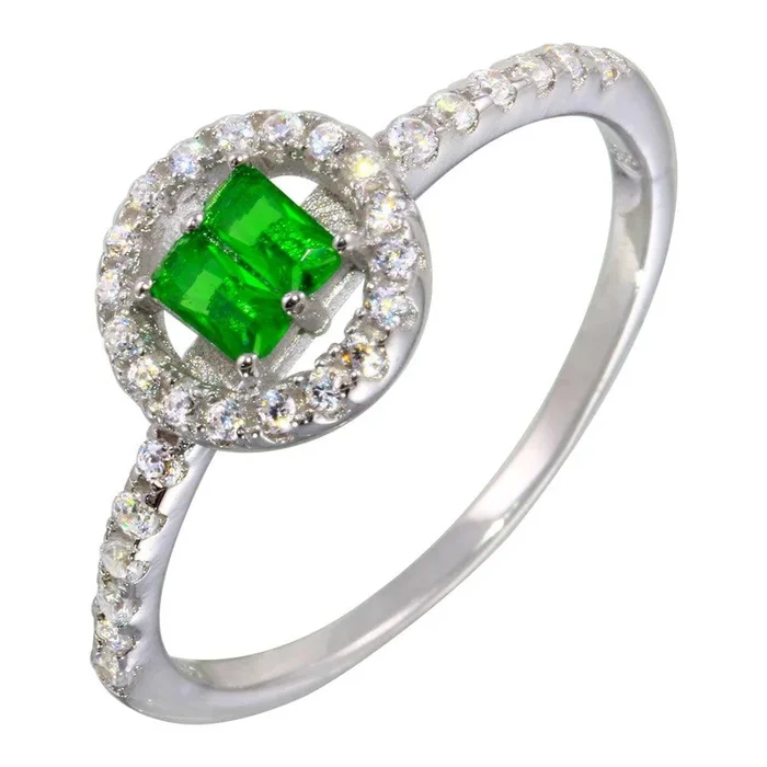 Rhodium Plated 925 Sterling Silver Green Stone Ring with CZ – BGR01140GRN