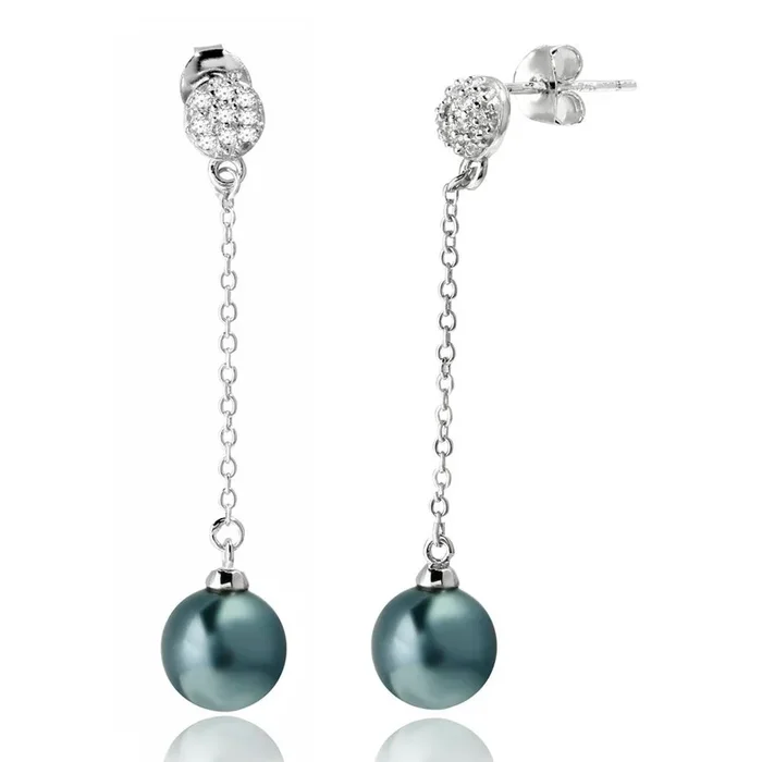 Rhodium Plated 925 Sterling Silver Half Ball CZ with Dangling Synthetic Grey Pearls – BGE00527