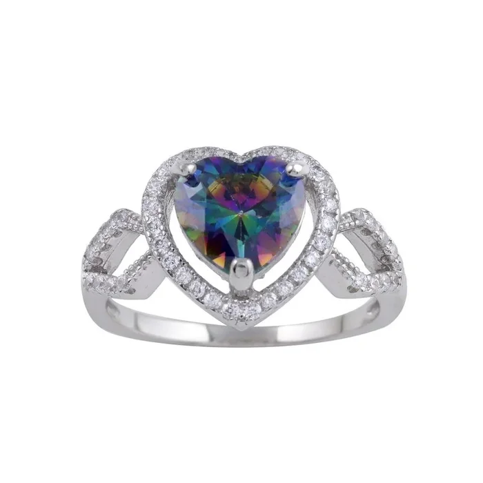 Rhodium Plated 925 Sterling Silver Halo Heart Synthetic Mystic Topaz CZ Ring – BGR01246