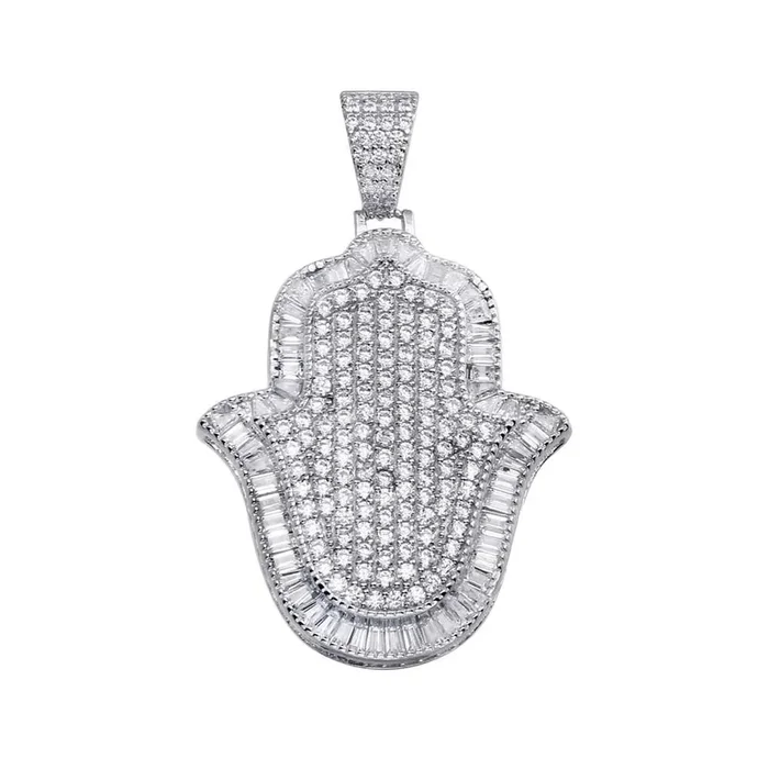 Rhodium Plated 925 Sterling Silver Hamsa Hand Hip Hop Pendant – SLP00014