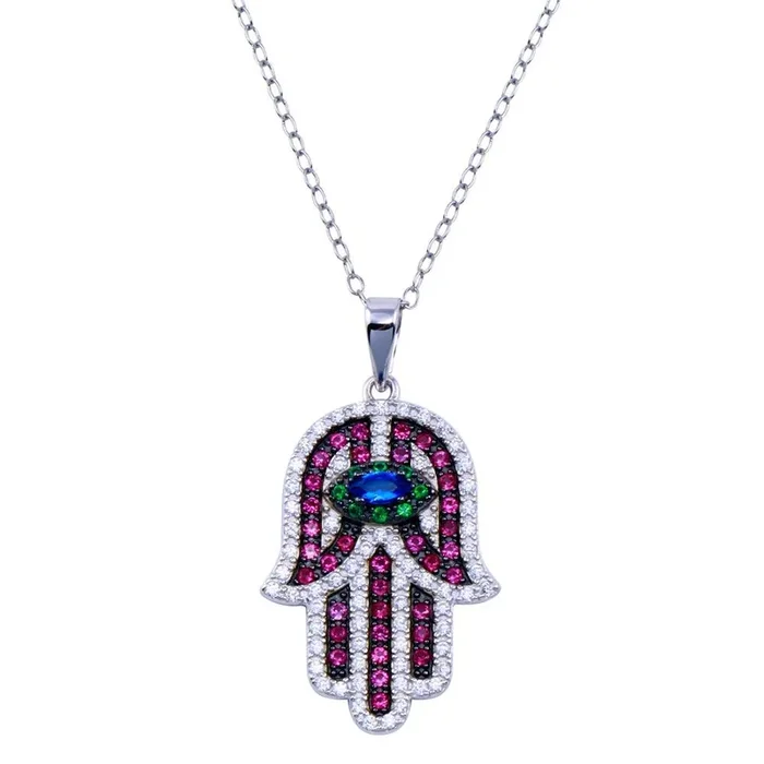Rhodium Plated 925 Sterling Silver Hamsa Multicolor CZ Necklace – BGP01426