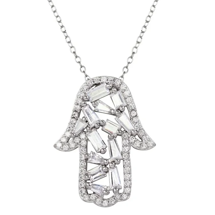 Rhodium Plated 925 Sterling Silver Hamsa Pendant Necklace with CZ – STP01666