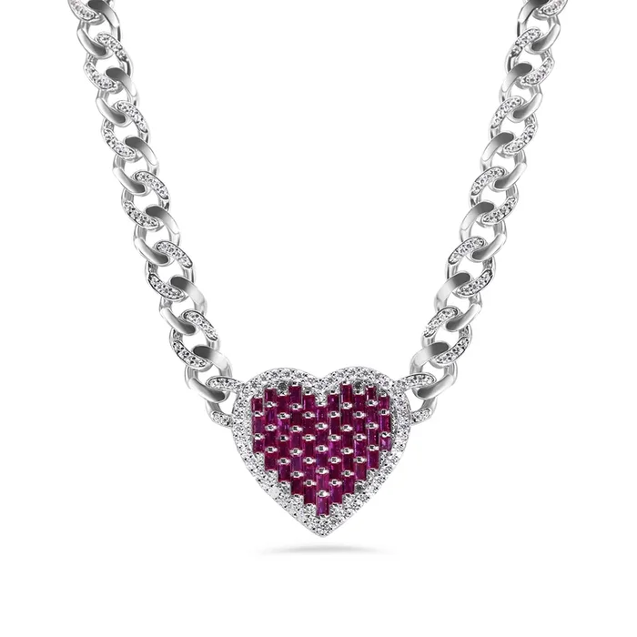 Rhodium Plated 925 Sterling Silver Heart Baguette Pink and Clear CZ Encrusted Miami Cuban Link 7mm Chain – GMN00215
