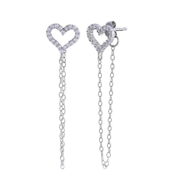 Rhodium Plated 925 Sterling Silver Heart Chain CZ Stud Earring – STE01286
