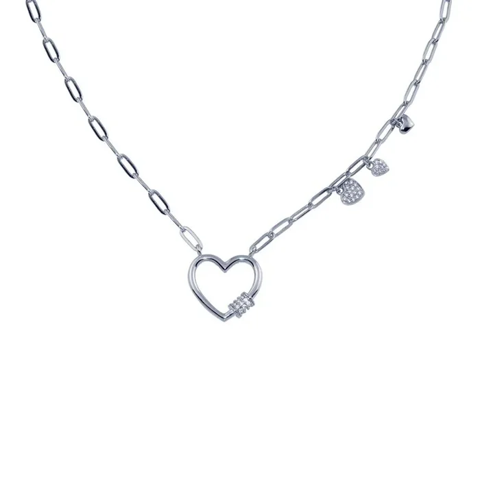 Rhodium Plated 925 Sterling Silver Heart CZ Paperclip Necklace – STP01802RH