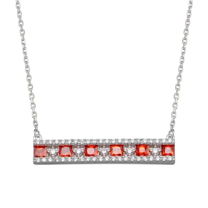 Rhodium Plated 925 Sterling Silver Horizontal Bar Red CZ Necklace – BGP01368RED