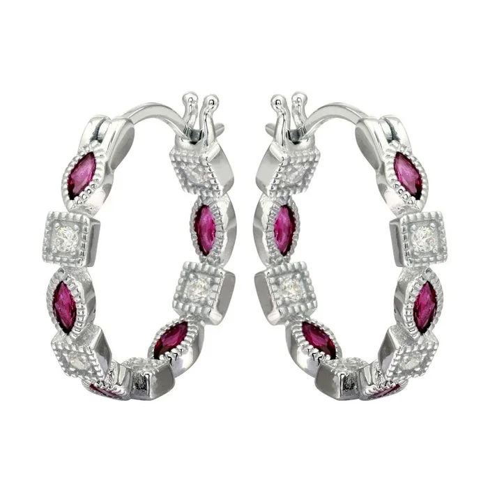 Rhodium Plated 925 Sterling Silver Inner and Outer Red Clear CZ Hoop Earrings – STE01122RED