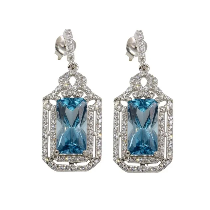 Rhodium Plated 925 Sterling Silver Large Dangling Light Blue Earrings – BGE00601