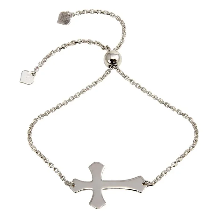 Rhodium Plated 925 Sterling Silver Lariat Side Way Cross Bracelet – DIB00063RH