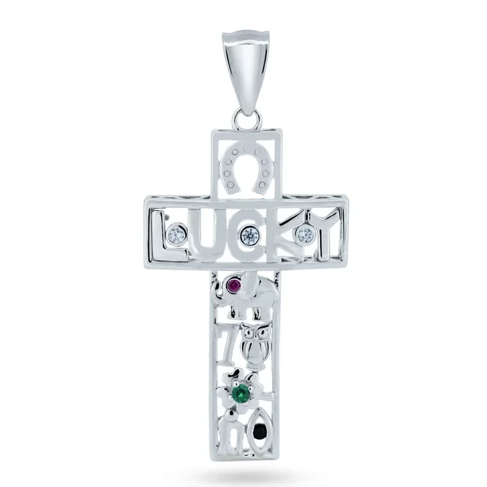 Rhodium Plated 925 Sterling Silver Lucky Cross CZ Pendant – GMP00111