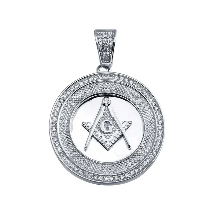 Rhodium Plated 925 Sterling Silver Masonic Sign Medallion Hip Hop Pendant – SLP00019