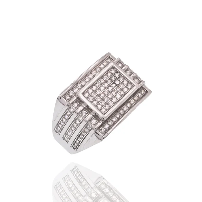 Rhodium Plated 925 Sterling Silver Men’s CZ Rectangle Modern Iced Out Statement Band Ring – PAR00438