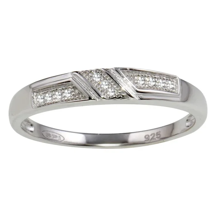 Rhodium Plated 925 Sterling Silver Men’s Small Wedding Band Ring with CZ – GMR00173