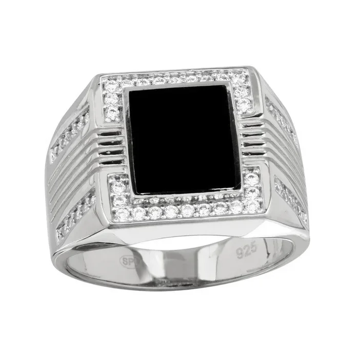 Rhodium Plated 925 Sterling Silver Men’s Square Flat Onyx Ring with CZ – GMR00252RH