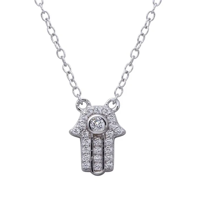 Rhodium Plated 925 Sterling Silver Mini Hamsa Pendant Necklace with CZ – BGP01267