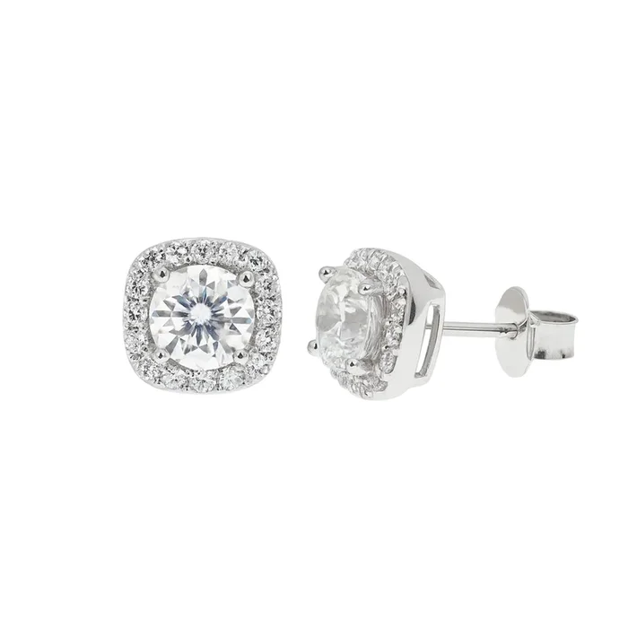 Rhodium Plated 925 Sterling Silver Moissanite Cushion Halo 7.6mm Stud Earring – MDGE00016