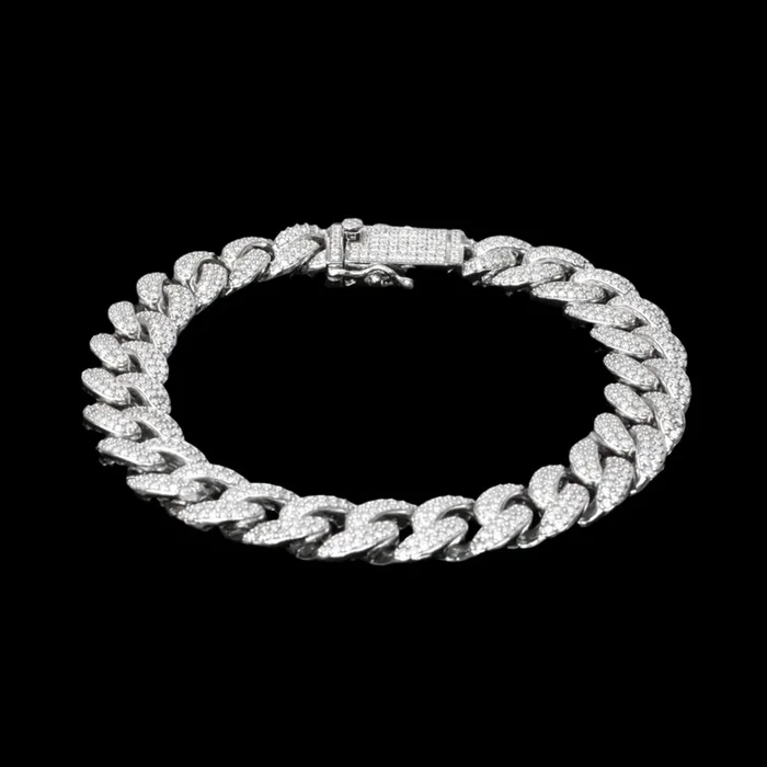 Rhodium Plated 925 Sterling Silver Moissanite Miami Cuban 9.5mm Bracelet or Necklace – MGMB00089