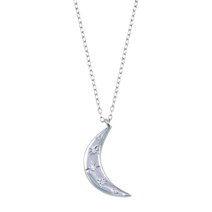 Rhodium Plated 925 Sterling Silver Moon CZ Necklace – STP01792