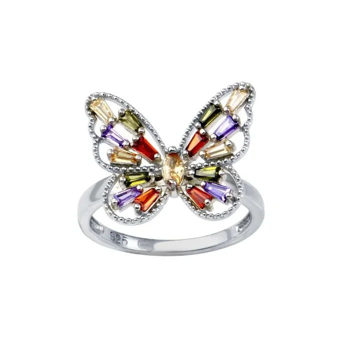 Rhodium Plated 925 Sterling Silver Multi Color Baguette CZ Butterfly Ring – BGR01345