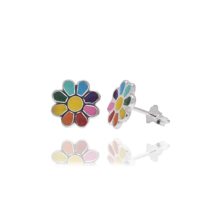 Rhodium Plated 925 Sterling Silver Multi Color Enamel Flower 9.5mm Stud Earring – APE00017