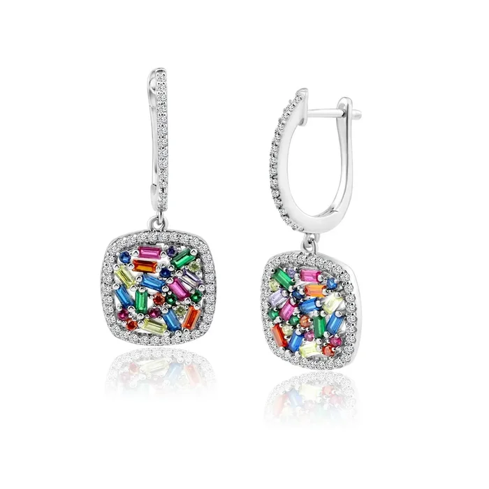 Rhodium Plated 925 Sterling Silver Multi Colored CZ Square Dangling Earring – BGE00650