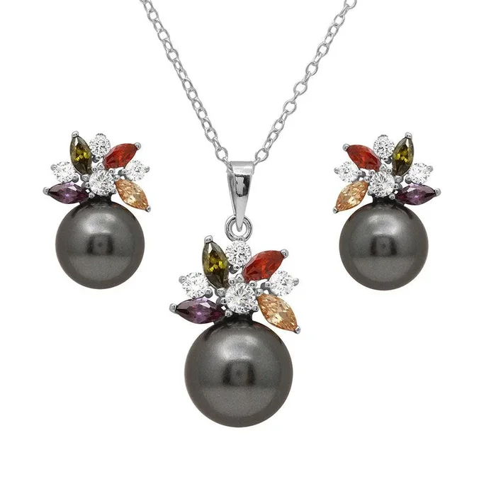 Rhodium Plated 925 Sterling Silver Multi CZ Flower Set with Synthetic Black Pearl – BGS00500