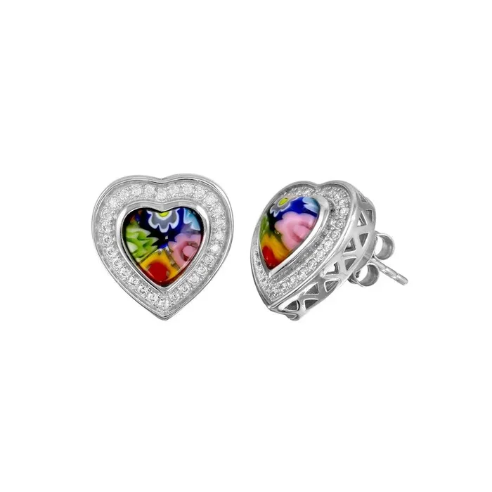 Rhodium Plated 925 Sterling Silver Murano Glass Heart Shaped CZ Earring – ME00006