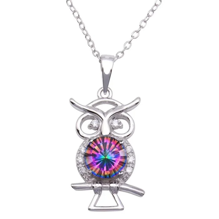 Rhodium Plated 925 Sterling Silver Mystic Topaz CZ Owl Necklace – BGP01322
