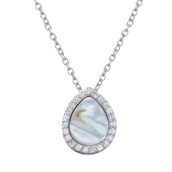 Rhodium Plated 925 Sterling Silver Opal Teardrop Pendant Necklace with CZ – STP01651CLR