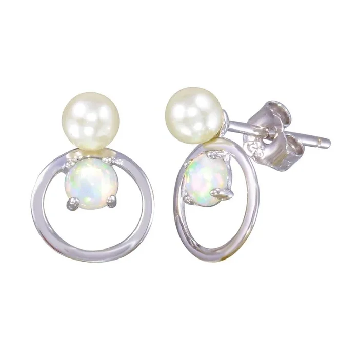 Rhodium Plated 925 Sterling Silver Open Circle Stud Earrings with Synthetic Pearl and Opal – STE01188