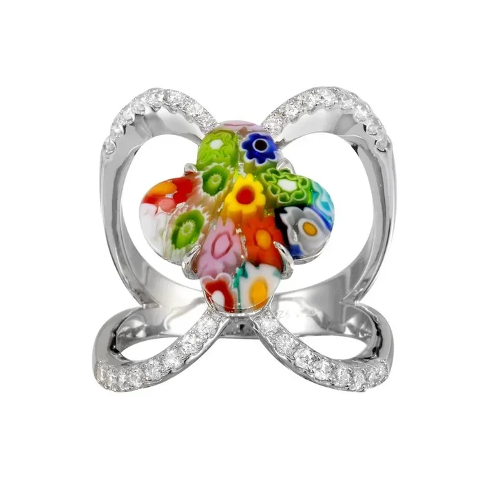 Rhodium Plated 925 Sterling Silver Open Shank Flower Shape Murano Glass CZ Ring – MR00013