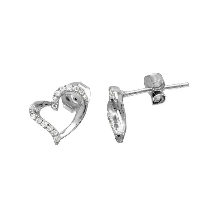 Rhodium Plated 925 Sterling Silver Open Sideways CZ Heart Stud Earrings – BGE00510