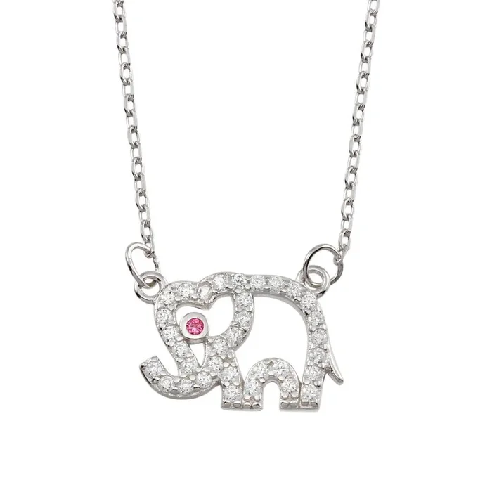 Rhodium Plated 925 Sterling Silver Outline Elephant CZ Necklace – BGP01366