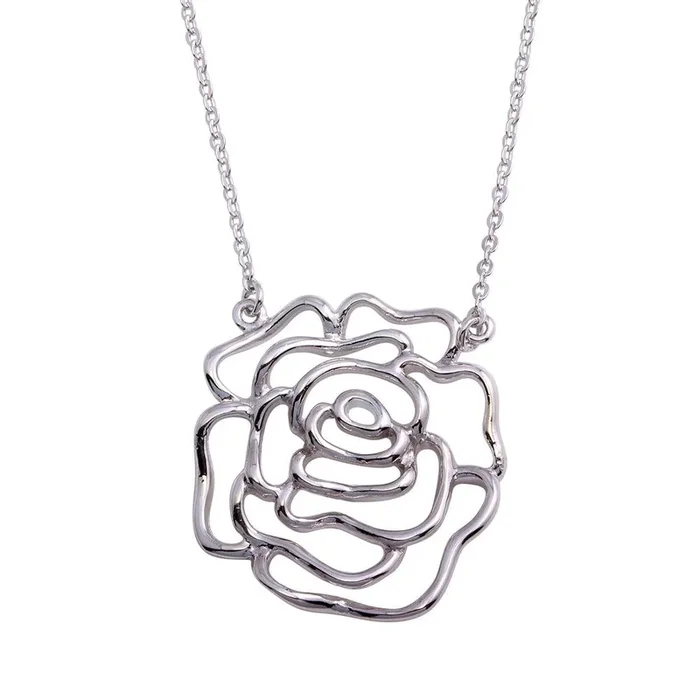 Rhodium Plated 925 Sterling Silver Outline Flower Necklace – STP02000