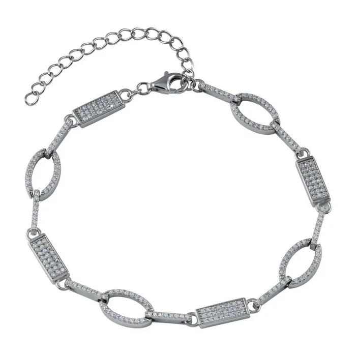 Rhodium Plated 925 Sterling Silver Oval and Bar CZ Bracelet – STB00583