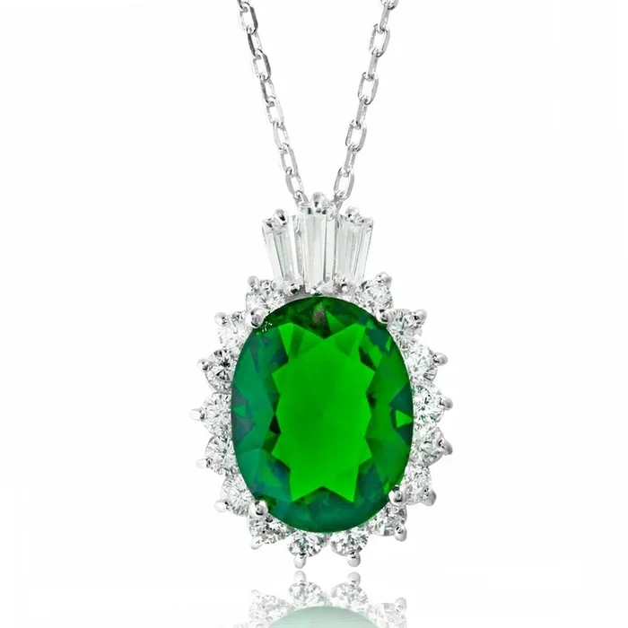 Rhodium Plated 925 Sterling Silver Oval Pave with Green Baguette Crown CZ – BGP01188GRN