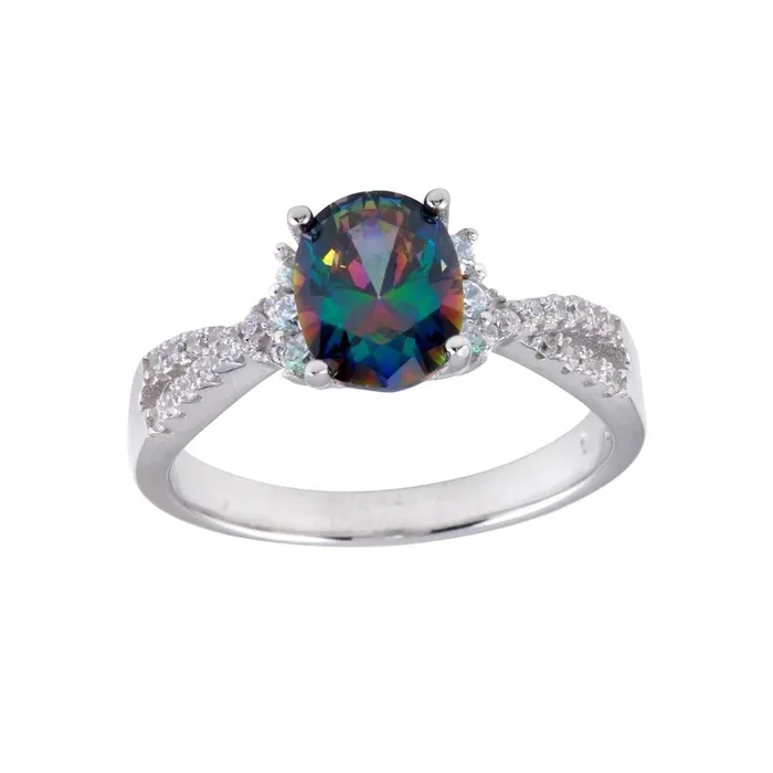 Rhodium Plated 925 Sterling Silver Oval Solitaire Synthetic Mystic Topaz CZ Band Ring – BGR01248