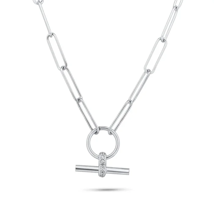 Rhodium Plated 925 Sterling Silver Paperclip Adjustable Clear CZ Toggle Charm Bar Necklace – ITN00165-RH