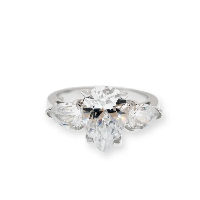 Rhodium Plated 925 Sterling Silver Past Present Future Pear Shaped CZ Ring – STR00034