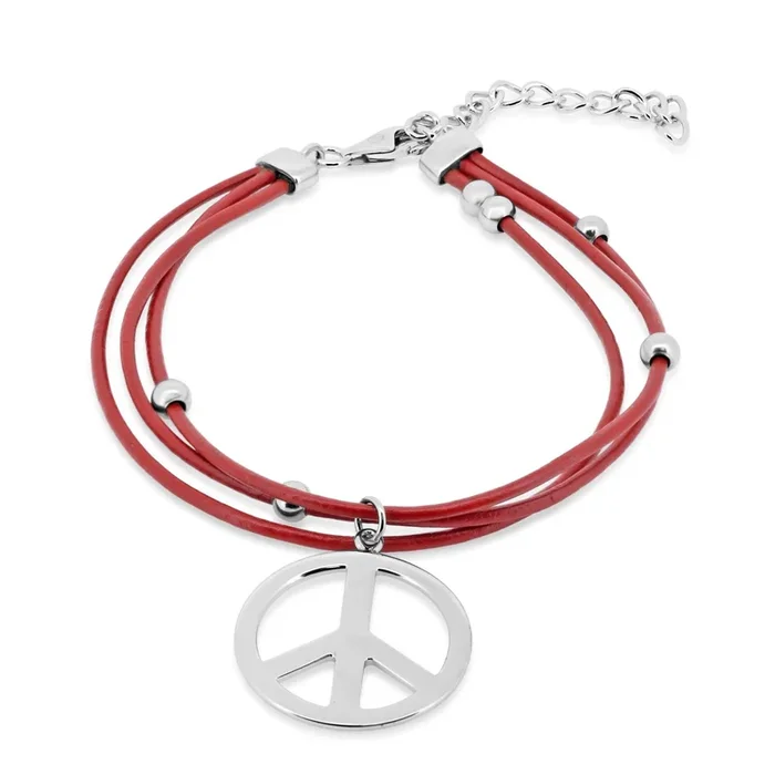 Rhodium Plated 925 Sterling Silver Peace Red Multi Strand Leather Adjustable Bracelet – STB00356