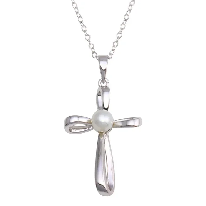 Rhodium Plated 925 Sterling Silver Pearl Center Cross Necklace – BGP01296
