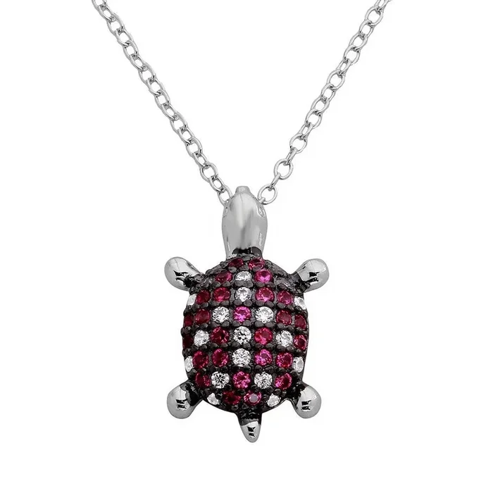 Rhodium Plated 925 Sterling Silver Pink and Clear CZ Turtle Necklace – BGP01126
