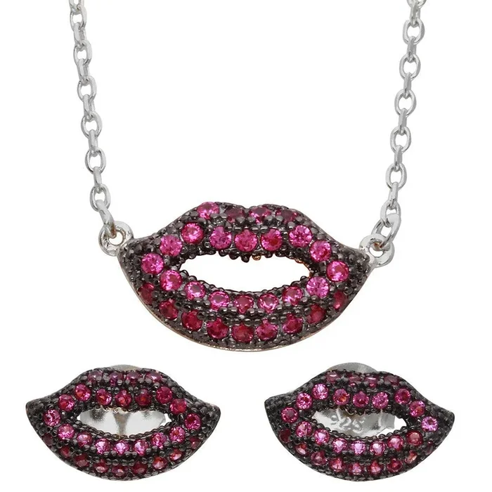 Rhodium Plated 925 Sterling Silver Pink CZ Lips Set – BGS00490RHD
