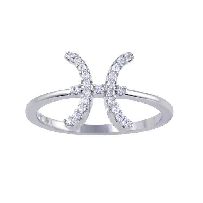 Rhodium Plated 925 Sterling Silver Pisces CZ Zodiac Sign Ring – BGR01320