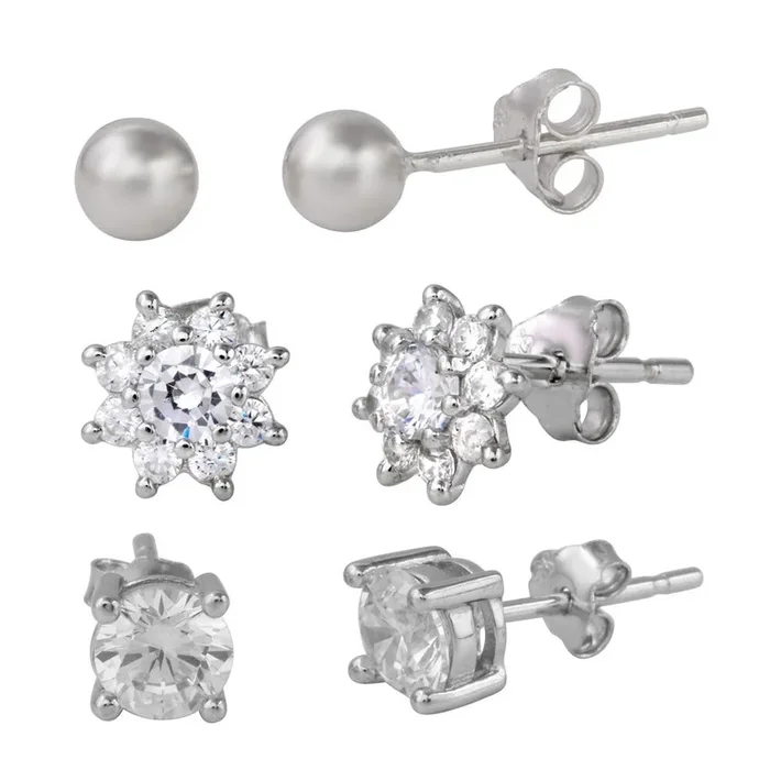 Rhodium Plated 925 Sterling Silver Plain Bead Round Stud and CZ Flower Stud Set – STES00004