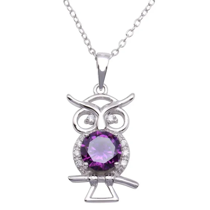Rhodium Plated 925 Sterling Silver Purple CZ Owl Necklace – BGP01253