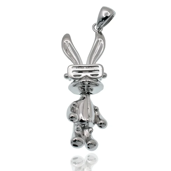 Rhodium Plated 925 Sterling Silver Rabbit Sunglasses Black CZ 10mm x 33mm Pendant – SLP00486